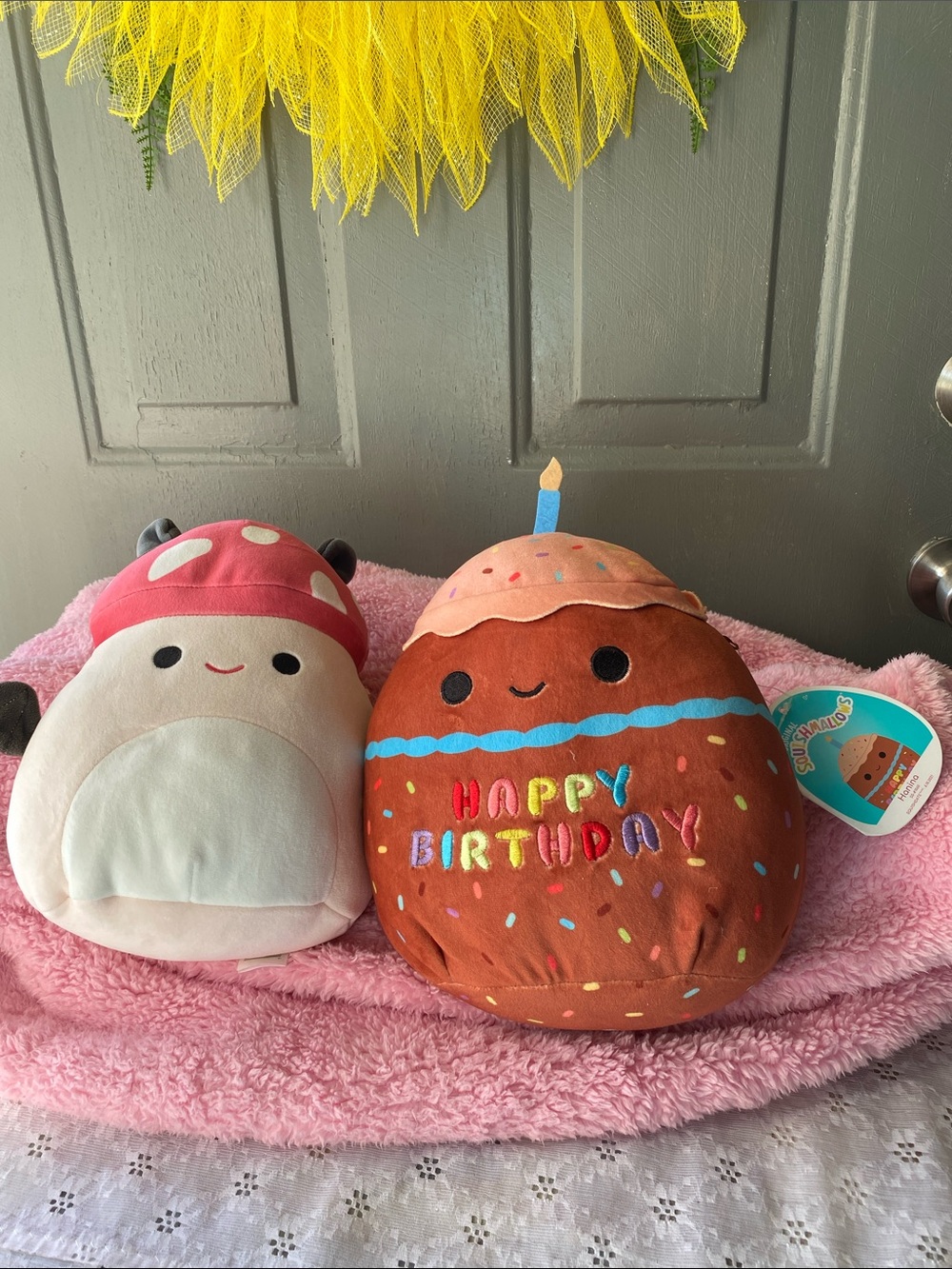 Squishmallows Brown Birthday Cake Plush with Malcolm the Mushroom in Bat Costume